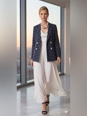 Halogen Navy & White Windowpane Double Breasted Blazer 🧥✨